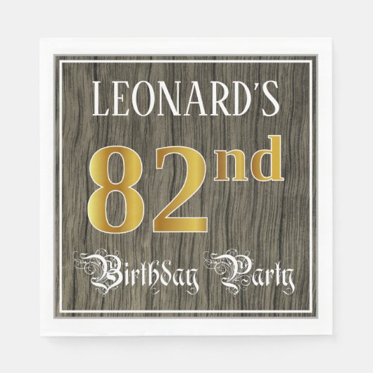 第82回バースデーパーティー – フェイク金ゴールド&ウッドフェイクルックス スタンダードランチョンナプキン (正面)