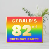 第82回誕生日パーティー:おもしろいカラフル、レインボーパターン 箔招待状 (立ち正面)