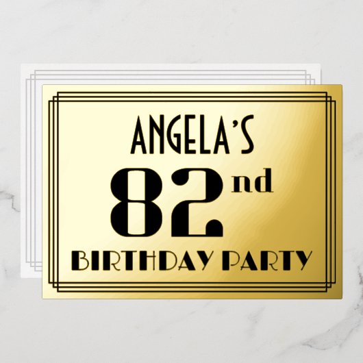 第82回誕生日パーティー:アールデコの外観"82"と名前 箔招待状 (正面/裏面)