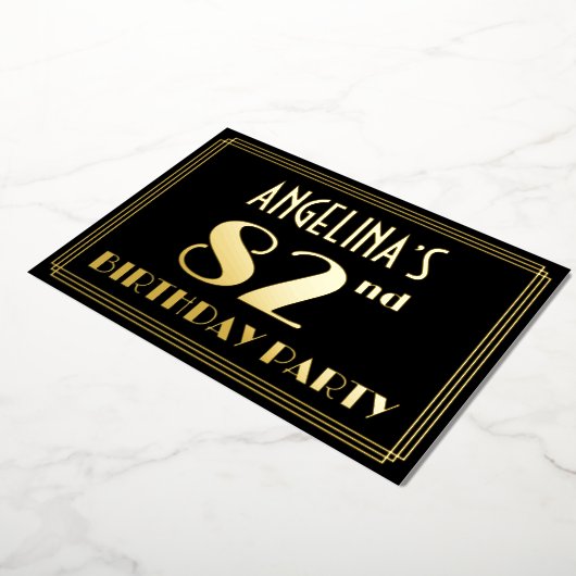 第82回誕生日パーティー：アールデコの外観"82"、名前あり 箔招待状 (回転した状態)