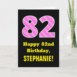 第82誕生日:ピンクストライプのハートと82 +名前 カード