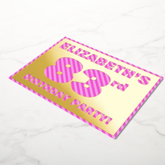 第83回バースデーパーティはっきりした:おもしろい、ピンクストライプ色のアイテム# 83 箔招待状 (回転した状態)