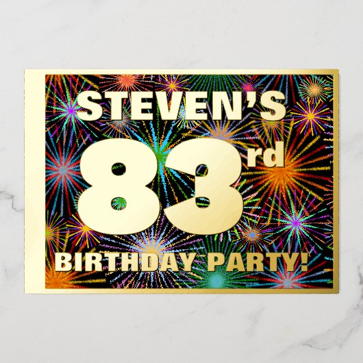 第83回バースデーパーティー – おもしろいカラフル、Fireworks Look 箔招待状 (正面)