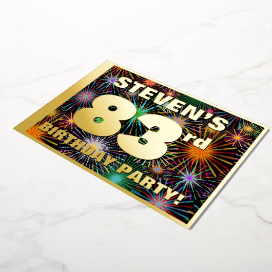 第83回バースデーパーティー – おもしろいカラフル、Fireworks Look 箔招待状 (回転した状態)