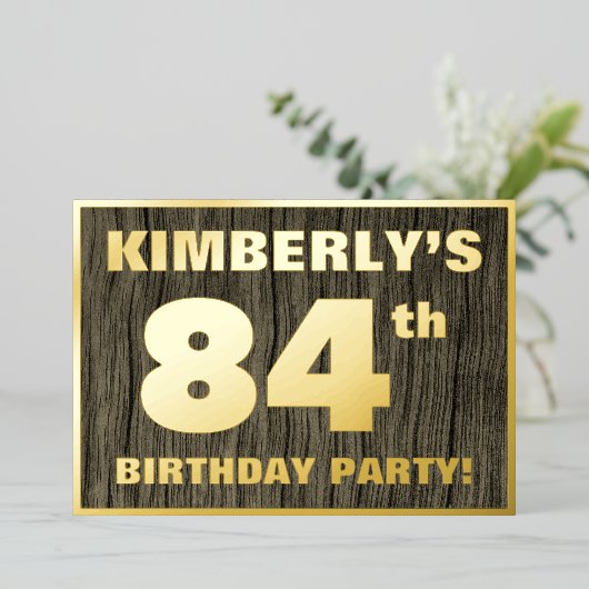 第84回誕生日パーティーはっきりした:木目フェイク模様 箔招待状 (立ち正面)