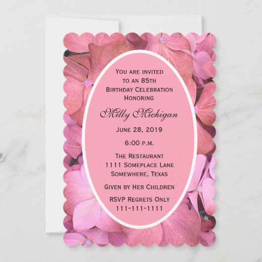 第85回誕生日パーティーピンクの鱗状紫陽花 招待状 (正面)