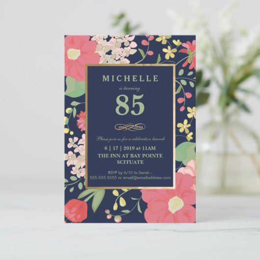 第85誕生日招待状-金ゴールド、エレガントフローラ 招待状 (スタンド正面)
