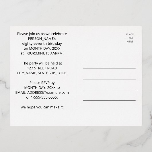 第87回バースデーはっきりしたトカラフル: Fireworks Look 箔招待状ポストカード (裏面)