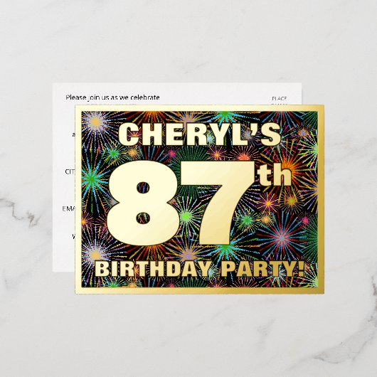 第87回バースデーはっきりしたトカラフル: Fireworks Look 箔招待状ポストカード (正面/裏面)