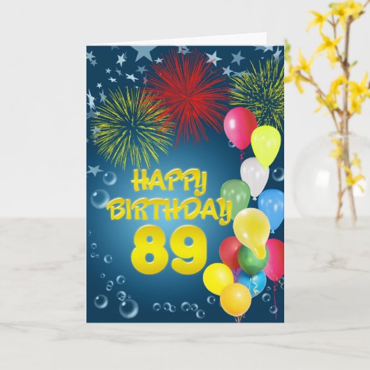第89誕生日の花火と風船カード カード (黄色い花)