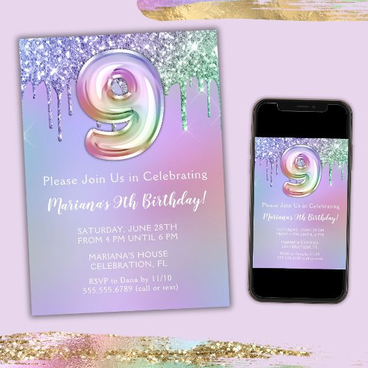 第9回バースデーパーティー招待紫ピンクグリッター 招待状