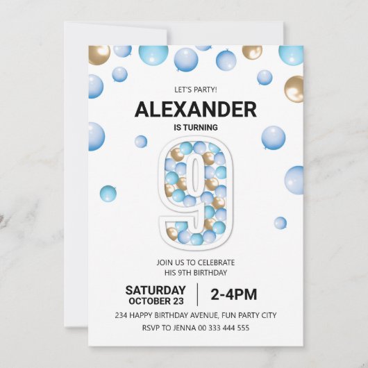 第9回バースデーパーティー青と金ゴールドバルーンボーイ 招待状 (正面)
