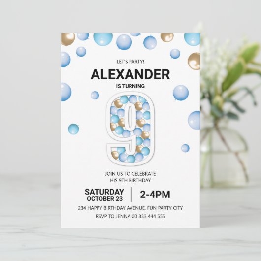 第9回バースデーパーティー青と金ゴールドバルーンボーイ 招待状 (スタンド正面)