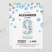 第9回バースデーパーティー青と金ゴールドバルーンボーイ 招待状 (正面/裏面)
