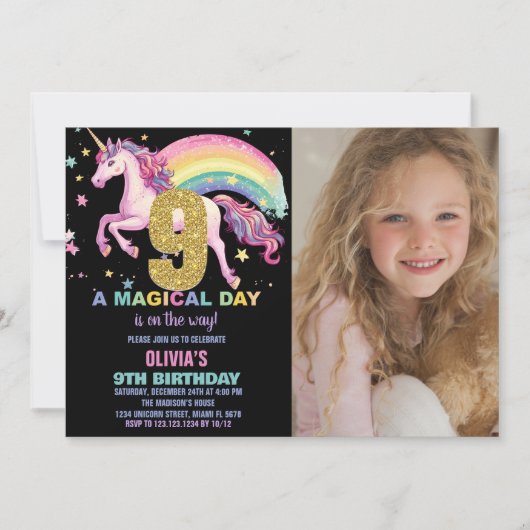 第9回ユニコーン誕生日招待状ブラック（写真付） 招待状 (正面)