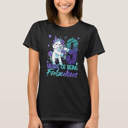第9回誕生日9歳の少女の浮動ユニコーンパー Tシャツ (正面)