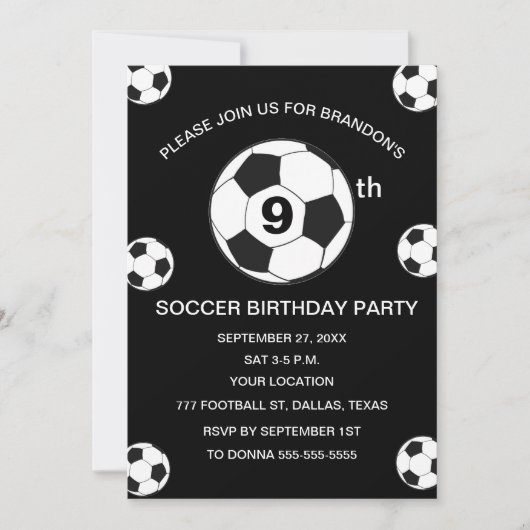 第9期バースデーパーティーサッカーブラックボーイズスポーツ 招待状 (正面)