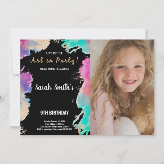 第9期黒紫色フォト絵を描誕生日招待状 招待状 (正面)