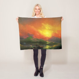 第9波（夕焼けを伴う嵐の海） フリースブランケット