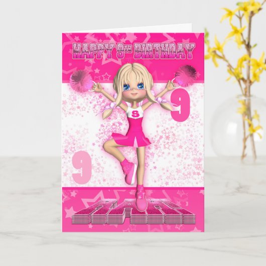 第9誕生日のチアリーダーの踊り、ピンクの星 カード (黄色い花)