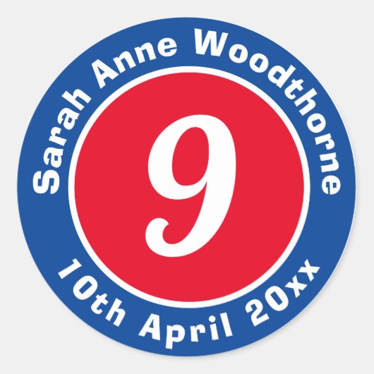 第9誕生日ステッカー（名前・日付） ラウンドシール (正面)