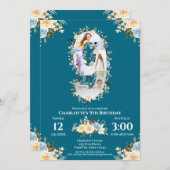 第9誕生日ティール（緑がかった色）フラワーフォトコラージブルーイエロー 招待状 (正面/裏面)