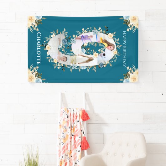 第9誕生日ティール(緑がかった色)フラワーフォトコラージブルーイエロー 横断幕 (インサイチュ)