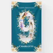 第9誕生日ティール(緑がかった色)フラワーフォトコラージブルーイエロー 横断幕 (縦)