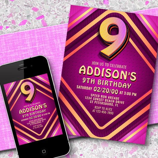 第9誕生日ネオン招待状 招待状