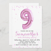 第9誕生日パステルピンクバルーン招待状 招待状 (正面/裏面)