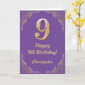 第9誕生日パープルと金ゴールドグリッターフレーム カード (黄色い花)