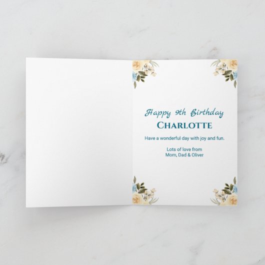 第9誕生日フォトコラージブルーイエローフラワーティール（緑がかった色） カード (内部)