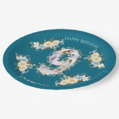 第9誕生日フォトコラージブルーイエローフラワーティール（緑がかった色） ペーパープレート (アングル)