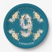 第9誕生日フォトコラージブルーイエローフラワーティール（緑がかった色） ペーパープレート (正面)