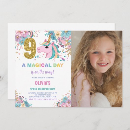 第9誕生日ユニコーン誕生日招待状写真 招待状 (正面/裏面)