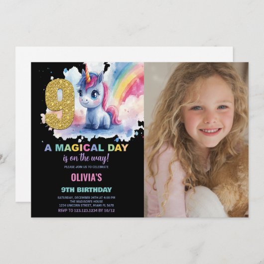 第9誕生日ユニコーン誕生日招待状写真 招待状 (正面/裏面)