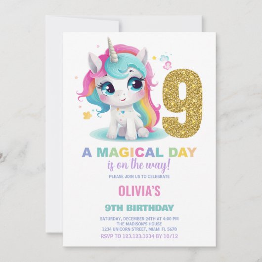 第9誕生日ユニコーン誕生日招待状 招待状 (正面)