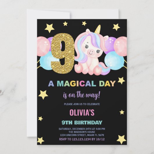 第9誕生日ユニコーン誕生日招待状 招待状 (正面)