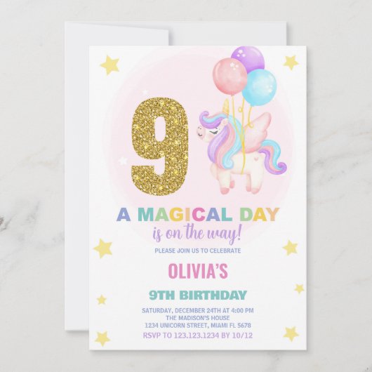 第9誕生日ユニコーン誕生日招待状 招待状 (正面)