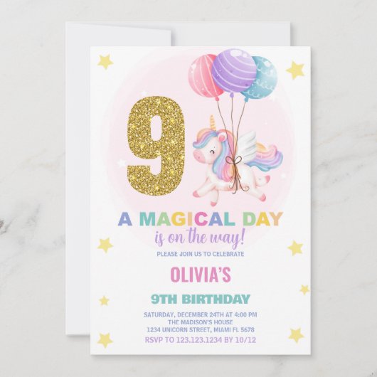 第9誕生日ユニコーン誕生日招待状 招待状 (正面)