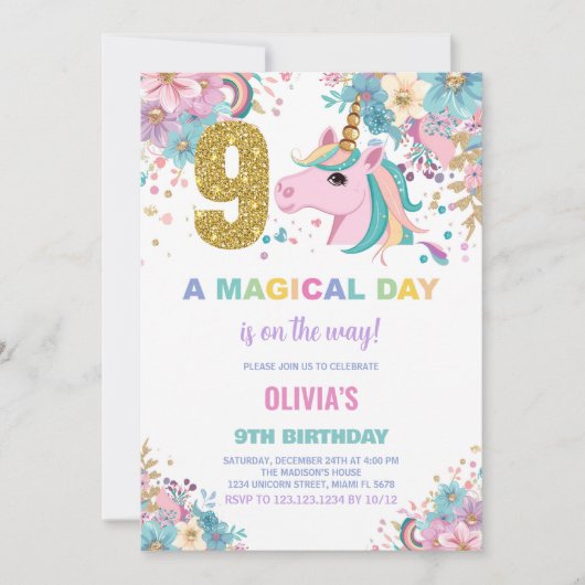 第9誕生日ユニコーン誕生日招待状 招待状 (正面)
