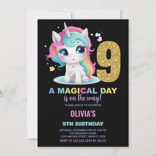 第9誕生日ユニコーン誕生日招待状 招待状 (正面)