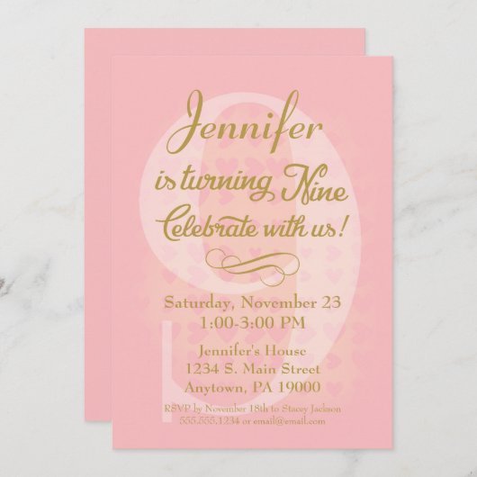 第9誕生日招待状ガールズピンク金ゴールドハート 招待状 (正面/裏面)