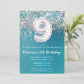第9誕生日招待状ティール(緑がかった色)シルバーグリッター 招待状 (スタンド正面)