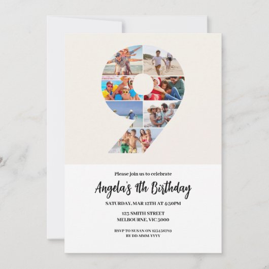 第9誕生日招待状ミニマリスト – 第9位 招待状 (正面)