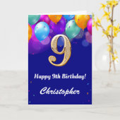 第9誕生日海軍青と金ゴールドカラフル気球 カード (黄色い花)