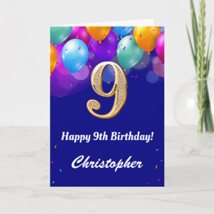 第9誕生日海軍青と金ゴールドカラフル気球 カード