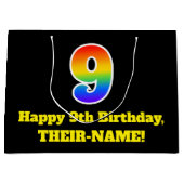 第9誕生日～おもしろいカラフル、鮮やかレインボー9 ラージペーパーバッグ (正面)