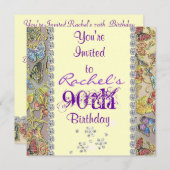 第90きらきら光るな紫色の蝶誕生日の招待状 招待状 (正面/裏面)