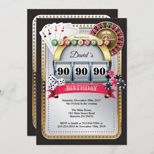 第90カードカジノの誕生日の招待状を遊ぶトランプのポーカー 招待状 (正面/裏面)
